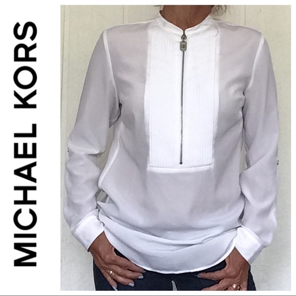 MICHAEL KORS WHITE TUXEDO BIB BLOUSE MEDIUM - Picture 2 of 16